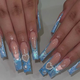 LOPMNGHT Press on Nails Extra Long Blue French False Nails Cute Bear Love Heart Pearl Design Fake Nails Artificial Acrylic Nails 24Pcs Full Cover Reusable Coffin Nails Glue on Nails for Women