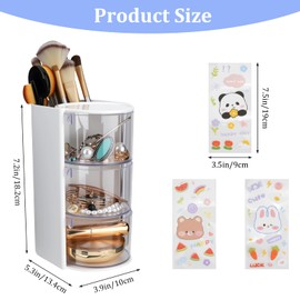 3-Tier Clear Hair Accessories Organizer with Makeup Brush Holder, Rotatable Jewelry Storage Box with Cute Stickers for Bows & Clips, Desktop Organizer Case for Bathroom Vanity Countertop (White)