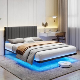 ARFARLY Floating Double Bed Frame with LED Lights and Charging Station, Full Bed Frame with Upholstered Headboard, Metal Platform Bed Frame Full Size with Under Bed Storage, No Box Spring Needed