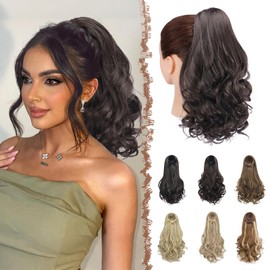 FESHFEN Drawstring Ponytail Extension, 15 inch Classic Loose Curly Wavy Synthetic Pony tails Hair Extensions Hairpieces for Women, Black Brown