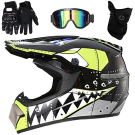 Children's Motorcycle Helmet, Motocross Helmet, Cross Helmet Set, Full Face Helmet, Children with Goggles, Gloves and Mask for Off-Road Dirt Bike, Motorcycle, Mountain Bike