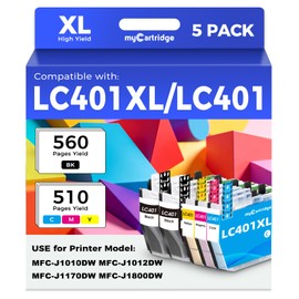 myCartridge Replacement for LC401XL Ink Cartridges for Brother Printer LC 401 401XL Compatible with MFC-J1010DW MFC-J1170DW MFC-J1012DW MFC-J1800DW Printer- 5 Pack(BK/C/M/Y)