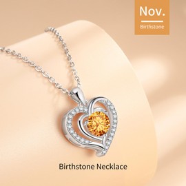 Yaumatea Heart Necklace, I Love You Always & Forever, Birthstone Cubic Zirconia Pendant, Gift for Women (Double Heart, Silver 11 Nov)