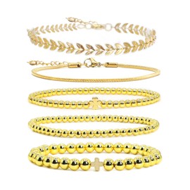 5 Pcs Gold Bracelet for Women,18K Gold Plated Beaded Bracelets Gold Stretch Bead Ball Bracelet Stack Set,Clover Bracelet Gold Cross Bracelet for Women Jewelry for Gifts(7.25in,style D)