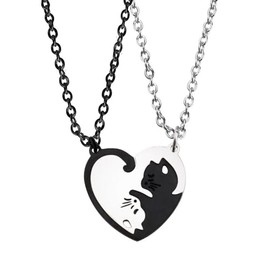 ONLYJUMP Couple Heart Cat Matching Necklaces set for women Couples Friendship Pendant Heart Yin Yang Friendship Necklace Stainless Steel Necklace (Black Silver Heart)