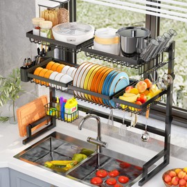 Over Sink Dish Drying Rack (Expandable Height/Length) Snap-On Design Large Dish Drainer Stainless Steel Storage Counter Organizer (31-39.5L x 12W x 34-38H inches)