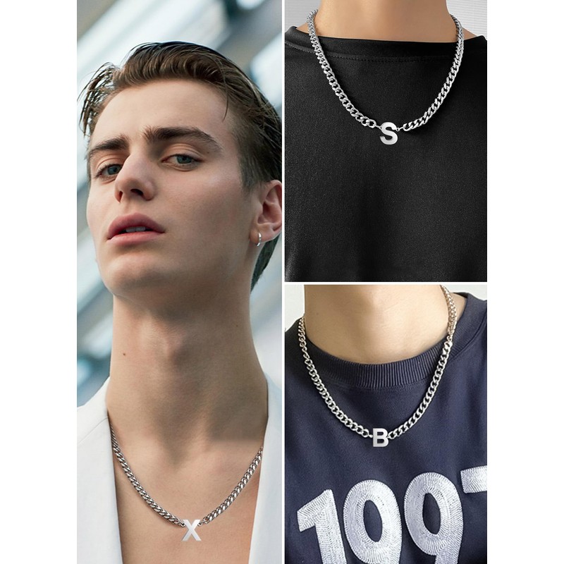 TOLOWOBK Men's Necklace with Letters, Silver Stainless Steel Chains Curb