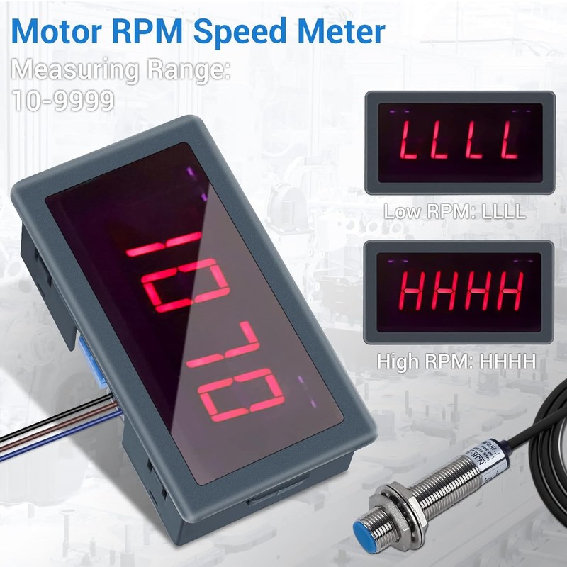 4-stellige Digitale LED-Tachometer, Drehzahlgeschwindigkeitsmesser mit Hall-Näherungssensor, NPN/PNP-Eingang, Rot/Blau-Display, 10-9999RPM-Bereich (Rot)