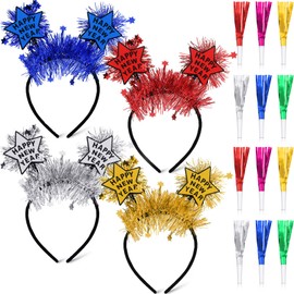 Syhood 16 Pcs Happy New Year Headbands 2025 Star Boppers Tinsel Headband for 2025 New Year Holiday Party Supply