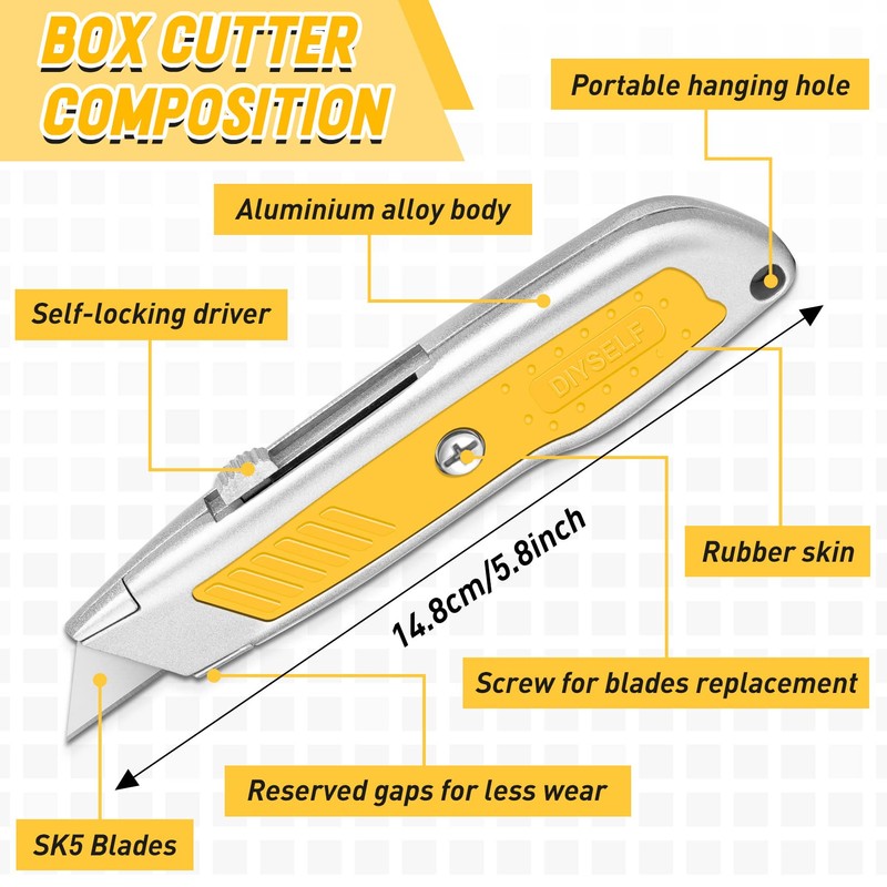 DIYSELF 8 Pack Utility Knives, Box Cutters, Metal Shell Utility