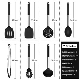 Onader Küchenhelfer Set, 7 Stück Silikon Küchenutensilien Kochbesteck Set mit Edelstahlgriff, Antihaft Kochutensilien Set Sicher für Kochgeschirr, Hitzebeständiger & Spülmaschinenfest, Schwarz