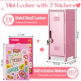 Vercraft Mini Locker with Lock Keys Stickers 10.8inch Small Storage Locker Desk Locker Metal Small Locker Miniature Storage Locker Functional Safe Metal Locker for Desktop Bedroom Home Office(Pink)