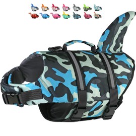 Dogcheer Dog Life Jacket Shark, Ripstop Dog Life Vest for Swimming Boating with Reflective Stripes & Rescue Handle, High Buoyancy Pet PFD Swim Vest for Small Medium Large Dogs(Camo Blue,XS)
