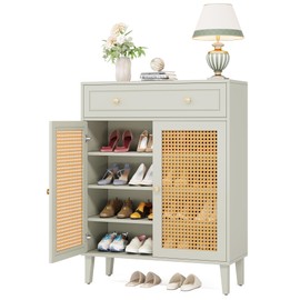 LITTLE TREE Shoe Cabinet with Doors and Drawer, Modern 5 Tiers Shoe Storage Cabinet with Adjustable Shelf, Mint Green Rattan Shoes Cabinet for Entryway, Living Room, Bedroom