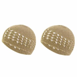 SHTGOI Pack of 2 Knitted Kufi Hats Handmade Crochet Hat Cotton Knitted Hat Skull Caps Hair Net Cap Prayer Hat Islam Breathable Beanie Hat for Summer Men and Women Camel, camels