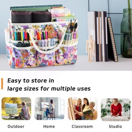E-WEICHEN Craft Organizer Tote Bag Art Storage Caddy with Multiple Pockets Containers for Art,Craft,and Office Supplies Storage.Purple Grey Flower