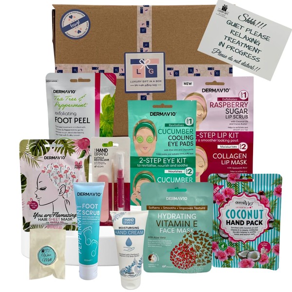 Spa at Home Pamper Treatment Gift Box, Face Pack, Foot Pack, Hand Pack, Hair Mask, Lip Kit, Under-Eye Kit, Nail File Set, Hand Cream & Foot Lotion, Cruelty Free