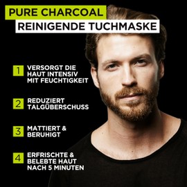 L'Oréal Men Expert Tuchmasken 4er Set für Männer, Feuchtigkeitsspendende Gesichtsmasken gegen Mitesser und Pickel Unreinheiten, Gesichtspflege Geschenkset für Herren, Hydra Energy Pure Carbon, 4 x 30g