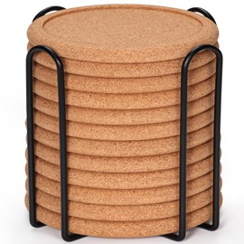 Cork Coasters for Drinks with Metal Holder, GOH DODD Absorbent Blank Coasters Tabletop Protection Home Decor for Housewarming Gifts Wedding Laser Engraving Wood Burning, Set of 12, Round, 4 Inch