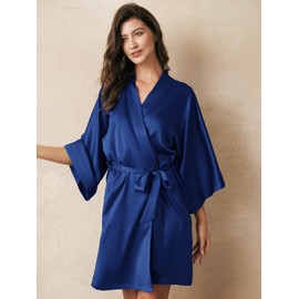 AW BRIDAL Women's Silk Robe, Satin Kimono Bathrobe for Wedding Party Brides Bridesmaids Loungewear, Navy S
