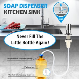 Dish Soap Dispenser for Kitchen Sink, Built in Sink Soap Dispenser Chrome, Countertop Soap Dispenser Stainless Steel Pump with 47" Extension Tube kit, No Need to Fill Little Bottle Again
