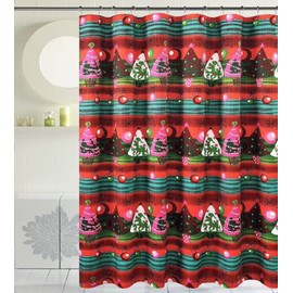 BH Home & Linen Season's Greetings 16 Piece Shower Curtain Bath Set. 3 Piece Memory Foam Bath Rug, 1 Waffle Fabric Shower Curtain,12 pc Crystal Metal Roller Hooks(16Pc M Christmas Tree)