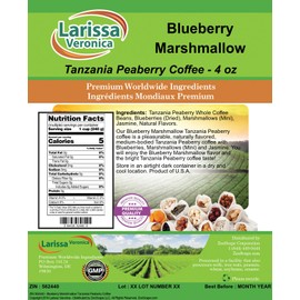 Blueberry Marshmallow Tanzania Peaberry Coffee (Gourmet, Naturally Flavored, Whole Coffee Beans) (4 oz, ZIN: 562440) - 2 Pack