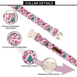 Lionet Paws Christmas Pink Dogs Collar, Gloves Santa Collars with Quick Release Buckle for Boy and Girl Female Dogs, Medium, Neck 13.5-22 inches