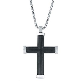 Metro Jewelry Black Ion Plated Stainless Steel Simple Cross Pendant Necklace for Men on 24 Inches Long Box Chain