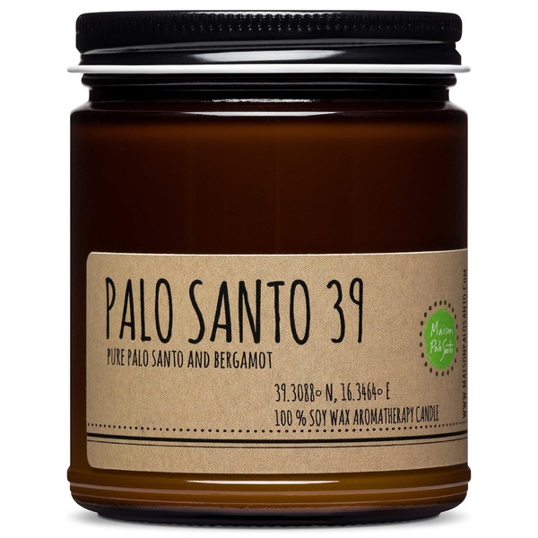 Maison Palo Santo Pure Palo Santo & Bergamot Essential Oils Aromatherapy Natural Soy Wax Candle HANDMADE IN USA - Gift Ready Packaging with BONUS Palo Santo Stick - Genuine Aroma - 9oz