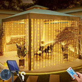 Solar Curtain Lights Outdoor Waterproof 10 * 10Ft 300LED Waterfall Light with 8 Modes Remote Rechargeable Dimmable Hanging Twinkle Fairy String Lights for Outside Christmas Gazebo Party Wedding