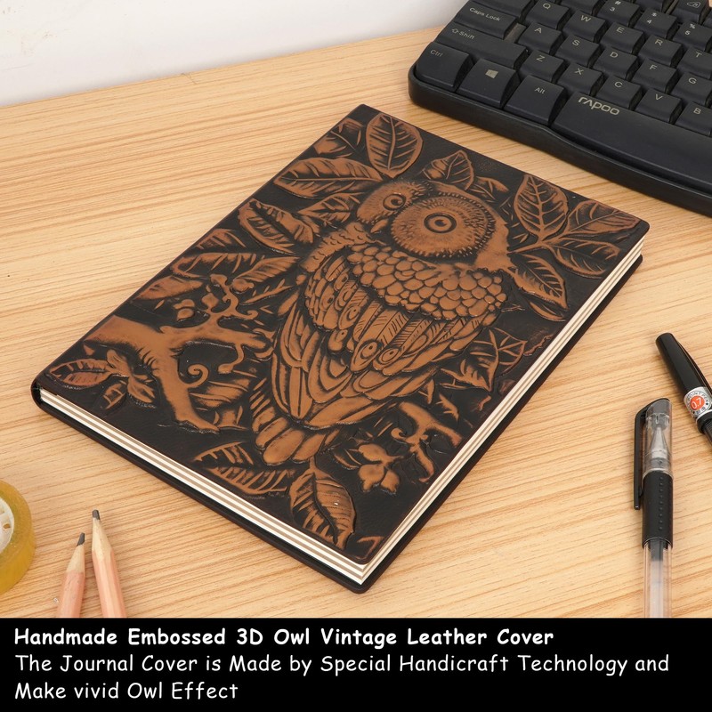 Millya Faux Leather Hardcover Notebook Owl Pattern Embossed Travel Journal