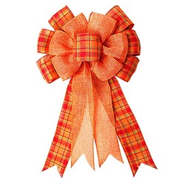 ASSUN Orange Buffalo Plaid Bow, Thanksgiving Wreath Bow Fall Large Gift Burlap for Thanksgiving, Fall, Christmas, Front Door Wreath, Tree Topper, Home Indoor Outdoor Decorations, 19inch x 10.7inch