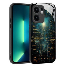 YUXING Slim Case for Oppo Reno 13F 4G 5G / Reno 13 FS 4G 5G - Abstact Art Geometry Pattern Design Anti-scratch Glass Back Cover, Anti-slip Shockproof Bumper Case (Cyberpunk)