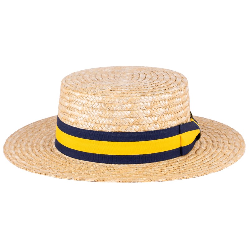 ZAKIRA Classic Straw Boater Hat Handmade from Natural Straw (Navy-Yellow
