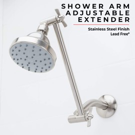 Shower Head Extension Arm by JS Jackson Supplies, Adjustable 10 Inch Showerhead Extender with Flange, Solid Brass Construction, Universal Tall Hi-lo Pipe Height Extending (Stainless Steel Finish)