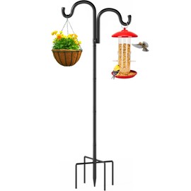 Double Shepherds Hooks for Outdoor,92" Heavy Duty Bird Feeder Pole with 5 Prong Base, Adjustable Shepherds Hook for Bird feeders Outside, Garden, Weddings, Hanging Plants, 1 Pack, Black