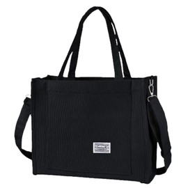 BROADREAM Women's Corduroy Shoulder Bag with Zip Casual Aesthetic Handbag Shoulder Bag Tote Crossbody Bag Removable Shoulder Strap Shopper for School Work Everyday, L-black, Retro