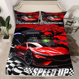 Feelyou Kids Boys Girls Red Race Car Bed Sheet Set Twin Size, Sports Car Bedding Set Bed Sheet Set for Teens Race Car Fitted Sheet Racing car Buffalo Plaid Bed Cover Bed Set (No Flat Sheet)