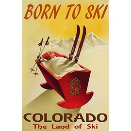 BORN TO SKI COLORADO THE LAND OF SKI BABY CRIB WINTER SPORT USA SKIING 12" X 16" IMAGE SIZE VINTAGE POSTER REPRO ON CANVAS SHIPPED ROLLED UP