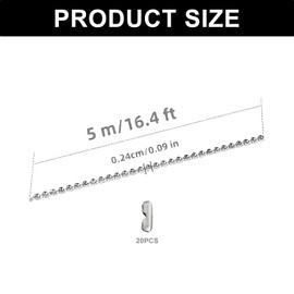 16.4ft Ball Chain - 2.4mm Necklace Chain - Silver Stainless Steel with 20 connectors - Perfect for Jewelry Making, Bracelets, and Crafts，Dog tag Chain