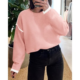 BTFBM Fall Sweaters for Women 2024 Trendy Casual Crew Neck Long Sleeve Loose Ribbed Knit Sweater Pullover Jumper Tops(Solid Pink, Large)