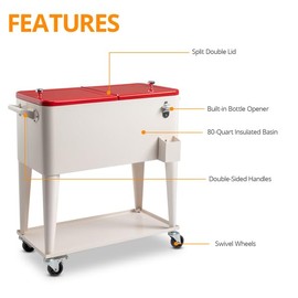 HeadNeckShoulder Rolling Beverage Drinks Beer Cart, 80 Quart Capacity (80Qt), Portable Drink Cooler Ice Chest with Wheels for Outdoor Parties Patio Yard Deck Pool Beach (White & Red Top)