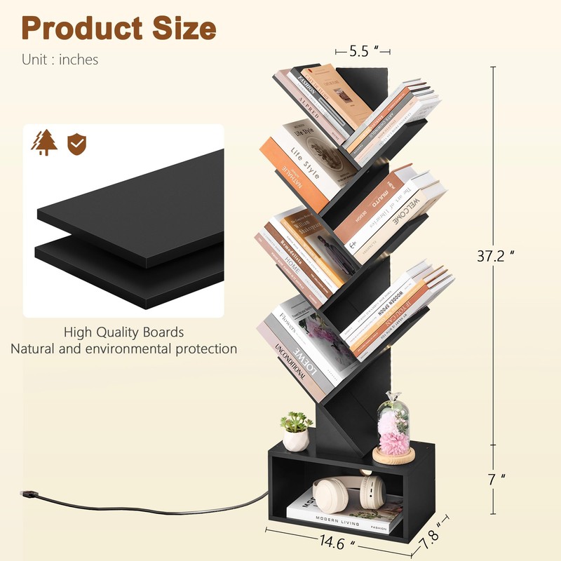 Hoctieon 6 Tier Tree Bookshelf, Tall Bookcase with Drawer, Freestanding