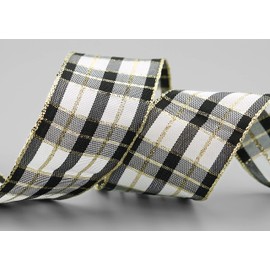 finemark 20 m x 40 mm Checked Christmas Ribbon Black Grey Gold (113) White with Lurex Wired Edge Ribbon Decorative Ribbon Gift Ribbon Tartan Shiny Ribbon Gold Edge Wire Ribbon Winter Christmas Check