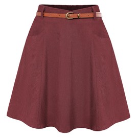 Belle Poque Women's CordRock Basic Casual High Waist A-line Swing Party Skirt with Belt, Wine #828