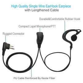 Single Wire Earhook Earpiece with Reinforced Cable for Motorola Radios BRP40 CP200 CP200D CP185 CLS1410 CLS1110 DTR650 RDU2020 RDU4100 RDU4160D RDU2080D RMU2040 RMU2080D CLS RMM RMU, G Shape Headset