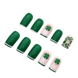 St.Patrick's Day Press on Nails Long Square Fake Nails with Shamrock False Nails Full Cover French Tip Nails with Glitter Rhinestone Holiday Stick on Nails for Women and Girls DIY Nail Tips