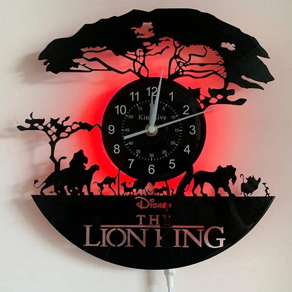 KingLive Cartoon The Lion King Wall Clock, Simba Vinyl Record Wall Decoration, Christmas & Halloween Decoration, Simbas Kingdom Living Room Kitchen Clock (with LED Night Light