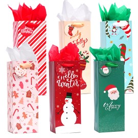 Nihuecne 12 Pack Christmas Wine Gift Bags with Tags, Xmas Wine Bags Bulk with Tissue Paper for Wine Bottle Christmas Holiday Wine Gift Wrap,6 Designs (5 x 13 x 4 In)